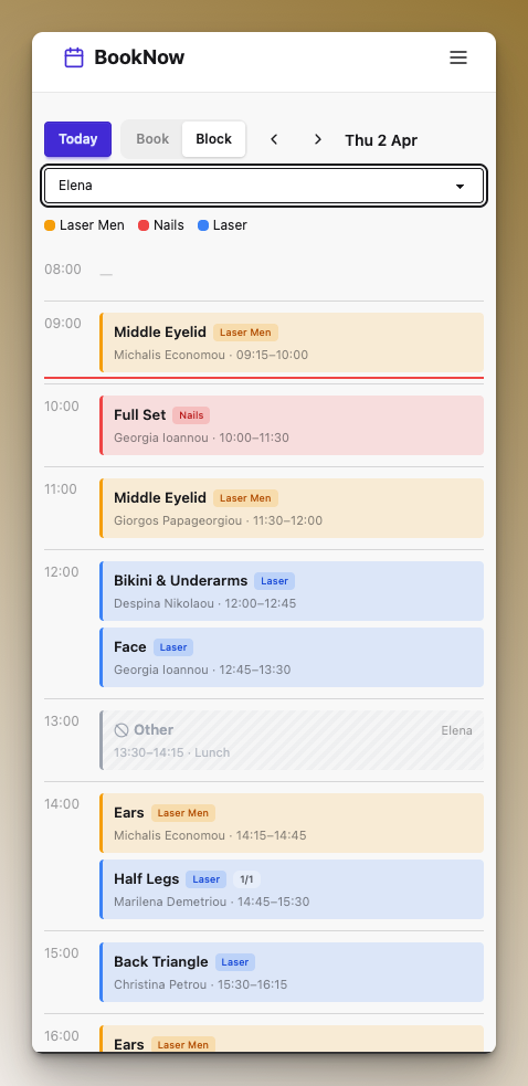 Ημερήσιο πρόγραμμα ραντεβού με χρωματική κωδικοποίηση υπηρεσιών